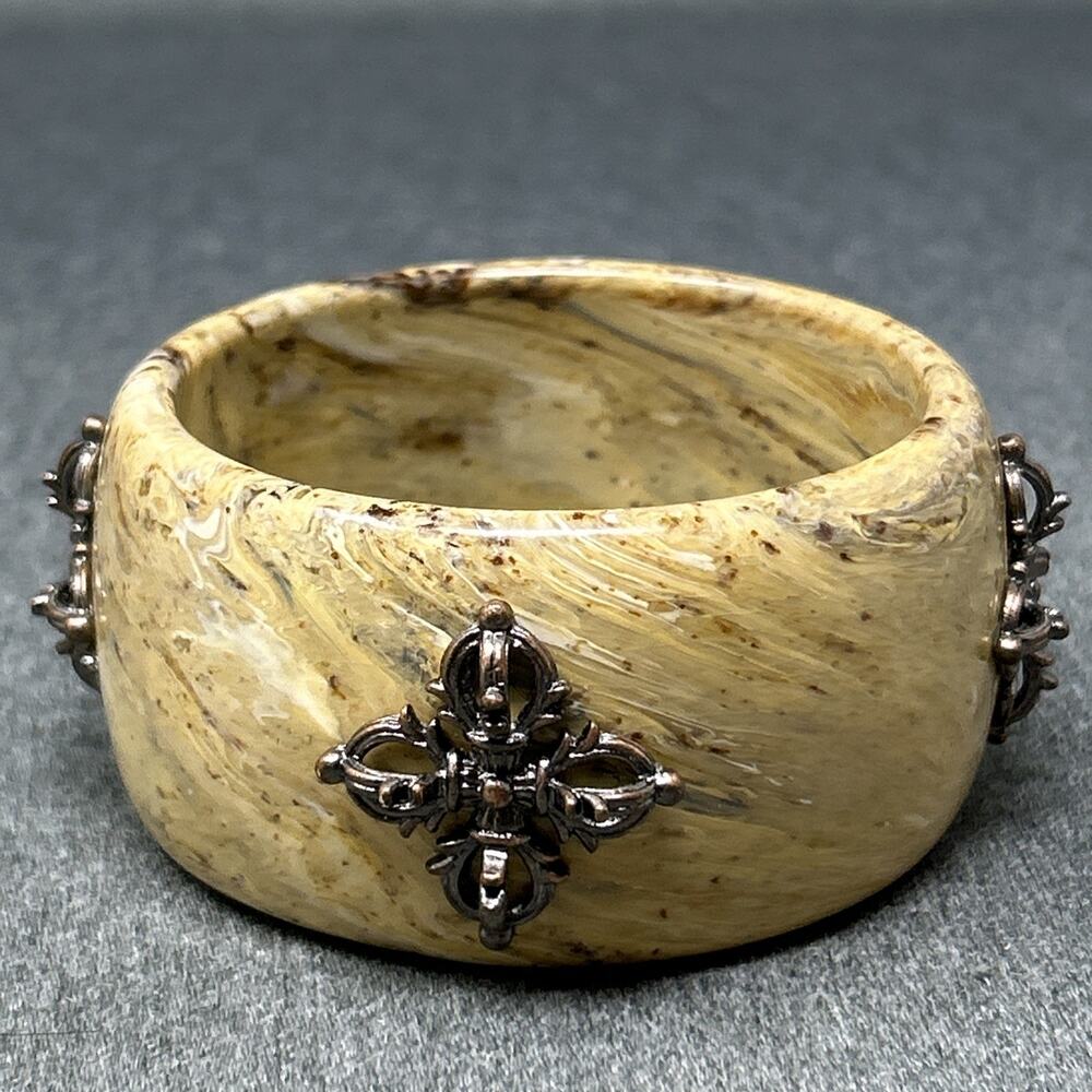 Tibetan Style Chunky Bangle Cuff Bracelet Ornate Silver Tone Vajra Cross Accent